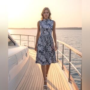 Nwot navy blue and white floral faux wrap around dress jersey size M